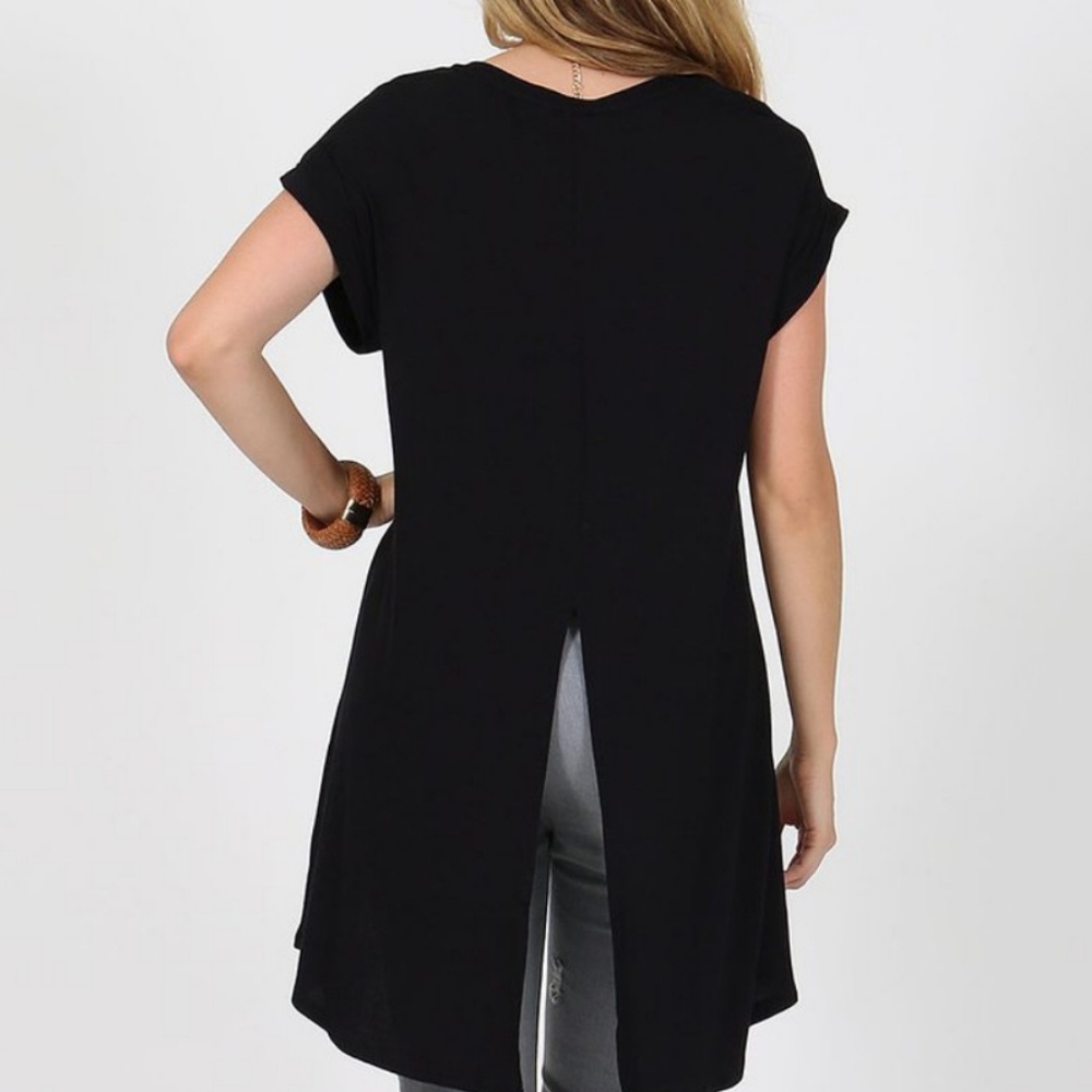 Black Hi-Lo Open Back Tunic Shortsleeve Top - Picture 2 of 7